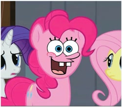 Size: 713x623 | Tagged: safe, artist:samueldavillo, edit, edited screencap, screencap, character:fluttershy, character:pinkie pie, character:rarity, episode:the last roundup, g4, my little pony: friendship is magic, cropped, face swap, spongebob squarepants