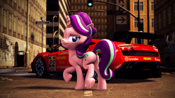 Size: 3840x2160 | Tagged: safe, artist:psfmer, character:starlight glimmer, species:pony, species:unicorn, 3d, 4k, building, butt, car, city, dock, female, lamborghini gallardo, leg lifted, looking at you, looking back, looking back at you, plot, road, scrunchy face, smiling, smirk, solo, source filmmaker, street sign, traffic light, urban