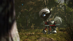 Size: 3840x2160 | Tagged: safe, artist:psfmer, oc, oc:sacred blade, species:pegasus, species:pony, 3d, 4k, armor, butterfly, foliage, forest, grass, katana, leg lifted, open mouth, plants, rock, source filmmaker, sword, tree, weapon