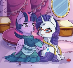Size: 1024x960 | Tagged: safe, artist:kingkero, character:rarity, character:twilight sparkle, character:twilight sparkle (alicorn), species:alicorn, species:pony, species:unicorn, ship:rarilight, episode:a-dressing memories, spoiler:a-dressing memories, spoiler:mlp friendship is forever, blushing, clothing, dress, female, lesbian, looking at each other, measuring tape, mirror, pincushion, rarity's glasses, shipping, sitting, spool