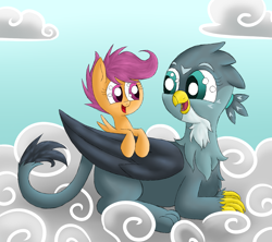 Size: 1800x1600 | Tagged: safe, artist:yourfavoritelove, character:gabby, character:scootaloo, cloud, cute, cutealoo, duo, gabbybetes, happy, scootalove