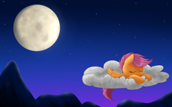 Size: 1920x1200 | Tagged: safe, artist:yourfavoritelove, character:scootaloo, species:pegasus, species:pony, cloud, cute, cutealoo, female, filly, full moon, moon, mountain, mountain range, night, on a cloud, prone, sleeping, solo, stars