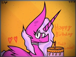 Size: 828x627 | Tagged: safe, artist:kittycatrittycat, oc, oc:foxlit loxlet, species:alicorn, species:pony, birthday, cake, candlestick, female, food, gift art, happy birthday, heart, jewelry, necklace, pearl necklace, solo