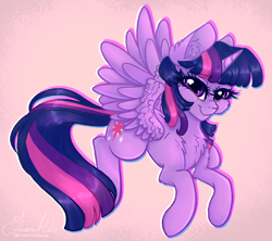 Size: 900x800 | Tagged: safe, artist:fanaticpanda, character:twilight sparkle, character:twilight sparkle (alicorn), species:alicorn, species:pony, cheek fluff, chest fluff, cute, ear fluff, female, leg fluff, looking at you, mare, pink background, simple background, solo, twiabetes