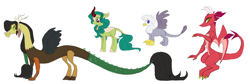 Size: 5044x1698 | Tagged: safe, artist:varwing, oc, oc only, oc:athena (varwing), oc:clear, oc:leaflitter, oc:spring blossom, parent:discord, parent:fluttershy, parents:discoshy, species:draconequus, species:dragon, species:griffon, species:kirin, adopted offspring, hybrid, interspecies offspring, offspring, simple background, white background