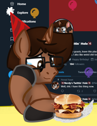 Size: 2352x3026 | Tagged: safe, artist:nerdymexicanunicorn, oc, oc only, oc:nerdy, species:pony, species:unicorn, bacon, birthday, burger, cheeseburger, clothing, crying, food, glasses, hamburger, hat, male, meat, meta, party hat, solo, tears of joy, twitter, ultimate bacon cheeseburger