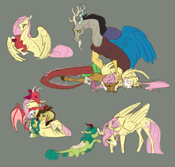Size: 1956x1860 | Tagged: safe, artist:varwing, character:angel bunny, character:discord, character:fluttershy, oc, oc:athena (varwing), oc:clear, oc:leaflitter, oc:spring blossom, parent:discord, parent:fluttershy, parents:discoshy, species:draconequus, species:dragon, species:griffon, species:kirin, species:pony, ship:discoshy, adopted offspring, cute, dadcord, daddy discord, draconequus oc, dragon oc, family, father and child, father and daughter, father and son, female, gray background, griffon oc, hybrid, interspecies offspring, kirin oc, male, mare, morning sickness, mother and child, mother and daughter, mother and son, next generation, offspring, shipping, siblings, simple background, straight