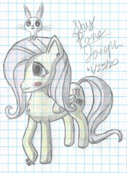 Size: 2245x3069 | Tagged: safe, artist:mlplayer dudez, character:angel bunny, character:fluttershy, species:pegasus, species:pony, blushing, cel shading, chest fluff, colored, cute, cutie mark, duo, ear fluff, folded wings, graph paper, hair over one eye, pet, shading, traditional art, wings