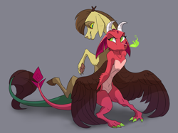 Size: 1443x1077 | Tagged: safe, artist:varwing, oc, oc only, oc:clear, oc:leaflitter, parent:discord, parent:fluttershy, parents:discoshy, species:draconequus, species:dragon, adopted offspring, dragonfire, hybrid, interspecies offspring, offspring