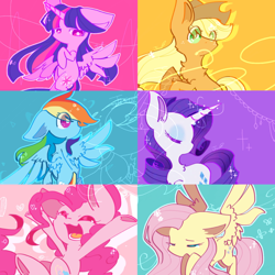 Size: 1200x1200 | Tagged: safe, artist:jisuppe, artist:rigis-ut, character:applejack, character:fluttershy, character:pinkie pie, character:rainbow dash, character:rarity, character:twilight sparkle, character:twilight sparkle (alicorn), species:alicorn, species:earth pony, species:pegasus, species:pony, species:unicorn, cheek fluff, chest fluff, cute, ear fluff, eye clipping through hair, eyes closed, female, lasso, mane six, mare, open mouth, profile, rope