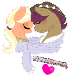 Size: 255x277 | Tagged: safe, artist:shootingstaryt, character:mane allgood, character:snap shutter, species:earth pony, species:pegasus, species:pony, ship:maneshutter, blushing, clothing, cute, eyes closed, female, hat, heart, male, mare, scarf, shared clothing, shared scarf, shipping, shirt, simple background, stallion, straight, transparent background