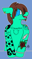 Size: 1661x3101 | Tagged: safe, artist:magmatic, oc, oc only, oc:canvas, species:earth pony, species:pony, chest fluff, colored, commission, ear piercing, flat colors, hoof ring, owo, piercing, smiling, solo, tattoo