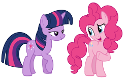 Size: 1642x1028 | Tagged: safe, artist:kingbases, artist:mlp-lolada, base used, character:pinkie pie, character:twilight sparkle, character:twilight sparkle (unicorn), species:earth pony, species:pony, species:unicorn, duo, female, mare, open mouth, raised hoof, simple background, transparent background, vector