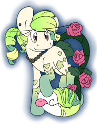 Size: 2164x2771 | Tagged: safe, artist:rosexknight, augmented tail, fangs, female, flower, jewelry, monster pony, necklace, original species, pearl necklace, piranha plant pony, plant, plant pony, raised hoof, rose, simple background, smiling, tongue out, white background