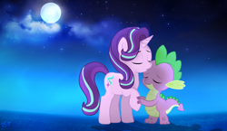 Size: 1324x768 | Tagged: safe, artist:pinkamenascratch, character:spike, character:starlight glimmer, species:dragon, species:pony, species:unicorn, ship:sparlight, cloud, commission, eyes closed, female, male, mare, moon, night, raised hoof, shipping, smiling, stars, straight