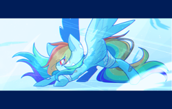 Size: 1024x650 | Tagged: safe, artist:jisuppe, character:rainbow dash, species:pony, action pose, bandage, bandaid, female, letterboxing, solo, watermark