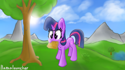 Size: 3840x2160 | Tagged: safe, artist:llamalauncher, character:twilight sparkle, species:pony, species:unicorn, book, chest fluff, mountain, scenery, starry eyes, tree, water, wingding eyes