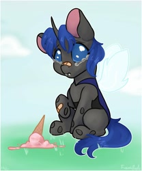 Size: 1500x1800 | Tagged: safe, artist:fanaticpanda, oc, oc only, oc:swift dawn, species:changeling, species:pony, bandage, bandaid, blue changeling, blue eyes, changeling oc, commission, dropped ice cream, fangs, food, ice cream, ice cream cone, sad, simple background, sitting, solo, teary eyes, ych result