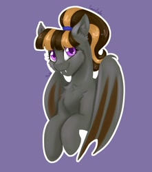 Size: 1500x1700 | Tagged: safe, artist:fanaticpanda, oc, oc only, oc:mythic dawn, species:bat pony, species:pony, bat pony oc, bat wings, bust, commission, fangs, looking at you, ponytail, portrait, purple eyes, simple background, smiling, solo, wings