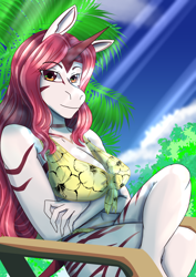 Size: 2894x4093 | Tagged: safe, artist:mantarwolf, oc, oc only, oc:impala lily, species:anthro, species:pony, anthro oc, beach chair, chair, clothing, commission, dress, female, horn, looking at you, mare, sitting, smiling, solo, stripes, summer, tree, ych result