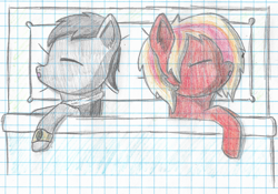 Size: 3358x2348 | Tagged: safe, artist:mlplayer dudez, oc, oc only, oc:silver wing, oc:sky flare, species:pegasus, species:pony, artifact, bed, bracelet, cel shading, clothing, duo, eyes closed, fanfic, fanfic art, female, graph paper, happy, jacket, jewelry, male, mare, shading, sleeping, snoring, stallion, traditional art