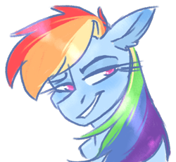 Size: 786x724 | Tagged: safe, artist:sierra flyer, character:rainbow dash, species:pegasus, species:pony, bust, colored pupils, ear fluff, female, lidded eyes, portrait, simple background, smiling, smirk, solo, transparent background