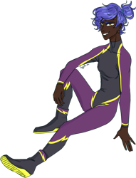 Size: 573x749 | Tagged: safe, artist:sychia, oc, oc only, oc:lightning skies, parent:open skies, parent:thunderlane, parents:thunderskies, species:human, icey-verse, boots, clothing, costume, dark skin, ear piercing, earring, female, grin, humanized, humanized oc, jewelry, magical gay spawn, offspring, piercing, shadowbolts, shadowbolts costume, shoes, simple background, smiling, solo, transparent background