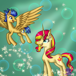 Size: 768x768 | Tagged: safe, artist:commandereclipse, character:flash sentry, character:sunset shimmer, ship:flashimmer, female, green background, male, shipping, simple background, straight