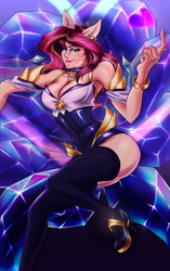 Size: 1260x2010 | Tagged: safe, artist:mandy1412, character:sunset shimmer, species:human, beckoning, clothing, cosplay, costume, crossover, female, humanized, k/da, league of legends, looking at you, nyanset shimmer, solo, video game crossover