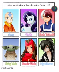 Size: 1600x1949 | Tagged: safe, artist:jotakaanimation, character:rarity, species:human, species:pony, species:unicorn, aang, avatar the last airbender, baby yoda, bust, clothing, crossover, female, male, mare, marvel comics, my hero academia, scarlet witch, shoto todoroki, six fanarts, smiling, star wars, the mandalorian