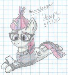 Size: 2266x2503 | Tagged: safe, artist:mlplayer dudez, character:moondancer, species:pony, species:unicorn, book, cel shading, clothing, cute, cutie mark, ear fluff, eyebrows, female, glasses, graph paper, happy, looking down, lying down, mare, prone, reading, shading, signature, smiling, solo, sweater, traditional art