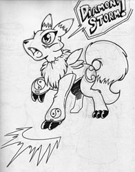 Size: 1001x1280 | Tagged: safe, artist:kandlin, artist:yawg, species:earth pony, species:pony, cutie mark, dialogue, digimon, female, mare, monochrome, ponified, renamon, simple background, solo, speech bubble, text, traditional art, white background