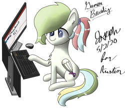 Size: 5490x4720 | Tagged: safe, artist:mlplayer dudez, oc, oc only, oc:gamer beauty, species:pegasus, species:pony, computer, cute, gaming, happy, keyboard, monitor, request, shading, signature, simple background, sitting, smiling, solo, transparent background