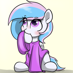 Size: 1280x1280 | Tagged: safe, artist:vipy, oc, oc only, oc:starburn, species:pegasus, species:pony, biting, blushing, clothing, cute, female, hoof biting, mare, ocbetes, oversized clothes, oversized shirt, shirt, simple background, sitting