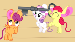 Size: 696x393 | Tagged: safe, artist:magpie-pony, character:apple bloom, character:scootaloo, character:sweetie belle, species:earth pony, species:pegasus, species:pony, species:unicorn, barely pony related, cinderella, cindershy, crossover, cutie mark crusaders, fairy tale, key, mouse, mouse ears, mousified, pinkie tales, rat, rat tail, species swap, whiskers