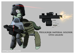 Size: 4900x3500 | Tagged: safe, artist:asktheguardponies, artist:guard-mod, oc, species:earth pony, species:pony, armor, clothing, earth pony oc, goggles, gun, helmet, laser, laser pointer, military, rifle, simple background, uniform, weapon