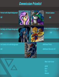 Size: 2300x3000 | Tagged: safe, artist:com3tfire, character:fluttershy, character:princess celestia, character:rainbow dash, character:spitfire, oc, species:bat pony, species:pony, advertisement, bat pony oc, commission info, price list