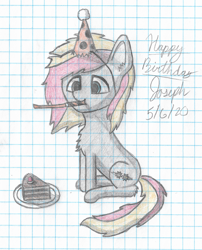 Size: 2617x3235 | Tagged: safe, artist:mlplayer dudez, oc, oc only, oc:solder point, species:earth pony, species:pony, birthday, cake, cel shading, chest fluff, clothing, cute, cutie mark, ear fluff, food, graph paper, happy, happy birthday, hat, leg fluff, noisemaker, party, party hat, shading, signature, sitting, solo, traditional art