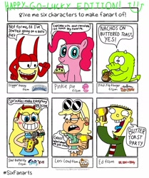 Size: 1280x1529 | Tagged: safe, artist:blackrhinoranger, character:pinkie pie, species:earth pony, species:pony, bread, butter, buttered toast, chips, crossover, cupcake, dialogue, ed, ed edd n eddy, food, fred fredburger, happy go lucky, leni loud, mint chocolate chip, nachos, six fanarts, skylanders, speech bubble, sprinkles, star butterfly, star vs the forces of evil, the grim adventures of billy and mandy, the loud house, toast, trigger happy