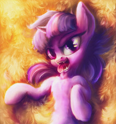 Size: 1000x1073 | Tagged: safe, artist:stdeadra, character:twilight sparkle, species:pony, species:unicorn, eye, eye contact, fangs, female, fur, horn, looking at you, mane, scary, solo, tongue out