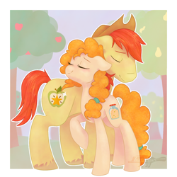 Size: 1100x1100 | Tagged: safe, artist:imaplatypus, character:bright mac, character:pear butter, species:earth pony, species:pony, ship:brightbutter, episode:the perfect pear, g4, my little pony: friendship is magic, clothing, cute, eyes closed, female, hat, male, mare, nuzzling, raised leg, shipping, smiling, stallion, straight, tree