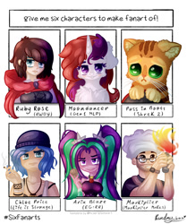 Size: 904x1080 | Tagged: safe, artist:kindny-chan, character:aria blaze, character:moondancer (g1), species:human, species:pony, species:unicorn, equestria girls:rainbow rocks, g4, my little pony: equestria girls, my little pony:equestria girls, beanie, beard, bust, chef's hat, chest fluff, chloe price, cigarette, clothing, crossover, facial hair, female, fire, glasses, hat, life is strange, mare, markiplier, puss in boots, ruby rose, rwby, shrek, six fanarts
