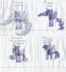 Size: 2000x2192 | Tagged: safe, artist:mlplayer dudez, character:princess cadance, character:princess celestia, character:princess luna, character:twilight sparkle, character:twilight sparkle (alicorn), species:alicorn, species:pony, ethereal mane, happy, jewelry, lined paper, regalia, smiling, traditional art, wings