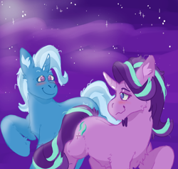 Size: 1280x1220 | Tagged: safe, artist:kittycoot, character:starlight glimmer, character:trixie, species:pony, species:unicorn, ship:startrix, blushing, chest fluff, curved horn, female, horn, lesbian, night, night sky, raised hoof, shipping, sky, smiling, stars