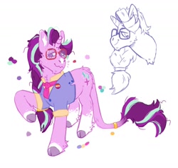 Size: 1701x1602 | Tagged: safe, artist:kittycoot, character:starlight glimmer, species:pony, species:unicorn, alternate design, alternate hairstyle, clothing, cloven hooves, female, glasses, hairband, leonine tail, lesbian pride flag, ponytail, pride, pride flag, shirt, simple background, solo, tail ring, white background