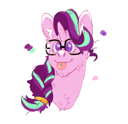 Size: 573x553 | Tagged: safe, artist:kittycoot, character:starlight glimmer, species:pony, species:unicorn, alternate design, alternate hairstyle, bust, female, glasses, hairband, headcanon, lesbian pride flag, lgbt headcanon, piercing, ponytail, pride, pride flag, sexuality headcanon, solo, tongue out, tongue piercing