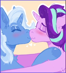 Size: 1156x1282 | Tagged: safe, artist:kittycoot, character:starlight glimmer, character:trixie, species:pony, species:unicorn, ship:startrix, blushing, eyes closed, female, first kiss, heart, kissing, lesbian, orange background, shipping, simple background