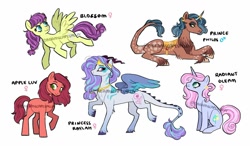 Size: 1280x747 | Tagged: safe, artist:dreamscapevalley, oc, oc only, oc:apple luv, oc:blossom, oc:prince philos, oc:princess raylah, oc:radiant gleam, parent:big macintosh, parent:discord, parent:fluttershy, parent:prince blueblood, parent:princess celestia, parent:trixie, parents:bluetrix, parents:dislestia, parents:fluttermac, species:earth pony, species:pegasus, species:pony, species:unicorn, draconequus hybrid, female, hybrid, interspecies offspring, male, mare, offspring, simple background, watermark, white background