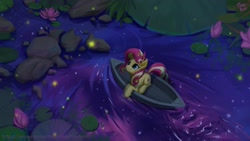 Size: 1920x1080 | Tagged: safe, artist:tinybenz, character:sunset shimmer, species:pony, species:unicorn, boat, cute, female, firefly, flower, insect, lily pad, mare, night, prone, shimmerbetes, sitting, solo, water