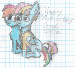 Size: 3012x2760 | Tagged: safe, artist:mlplayer dudez, character:rainbow dash, character:windy whistles, species:pegasus, species:pony, cel shading, clothing, colored, cute, duo, female, graph paper, happy, hug, looking at each other, mare, mother, mother and child, mother and daughter, shading, signature, sitting, smiling, traditional art, winghug, wings